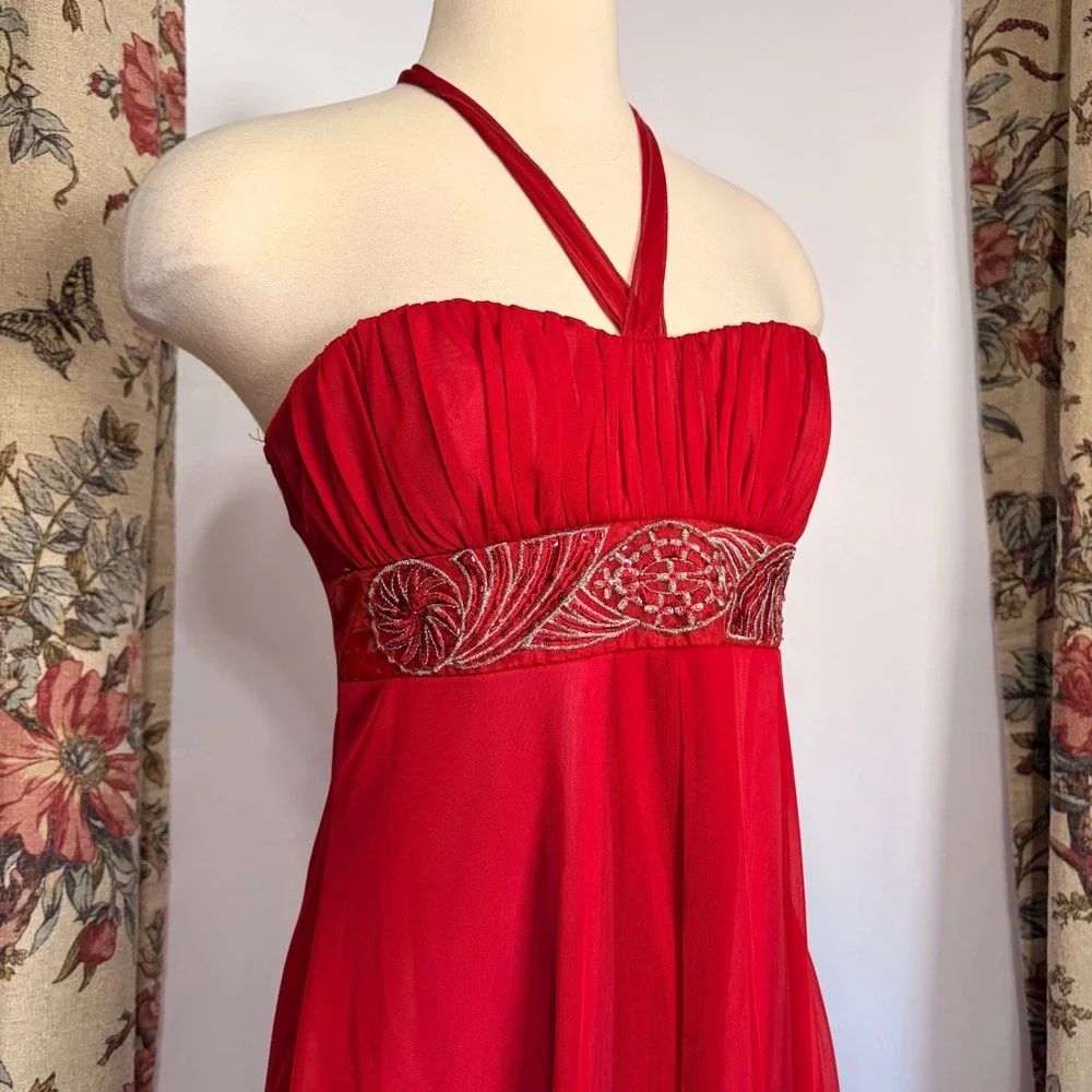 City Triangles Gorgeous Vintage Red Halter Gown with red beaded detailing